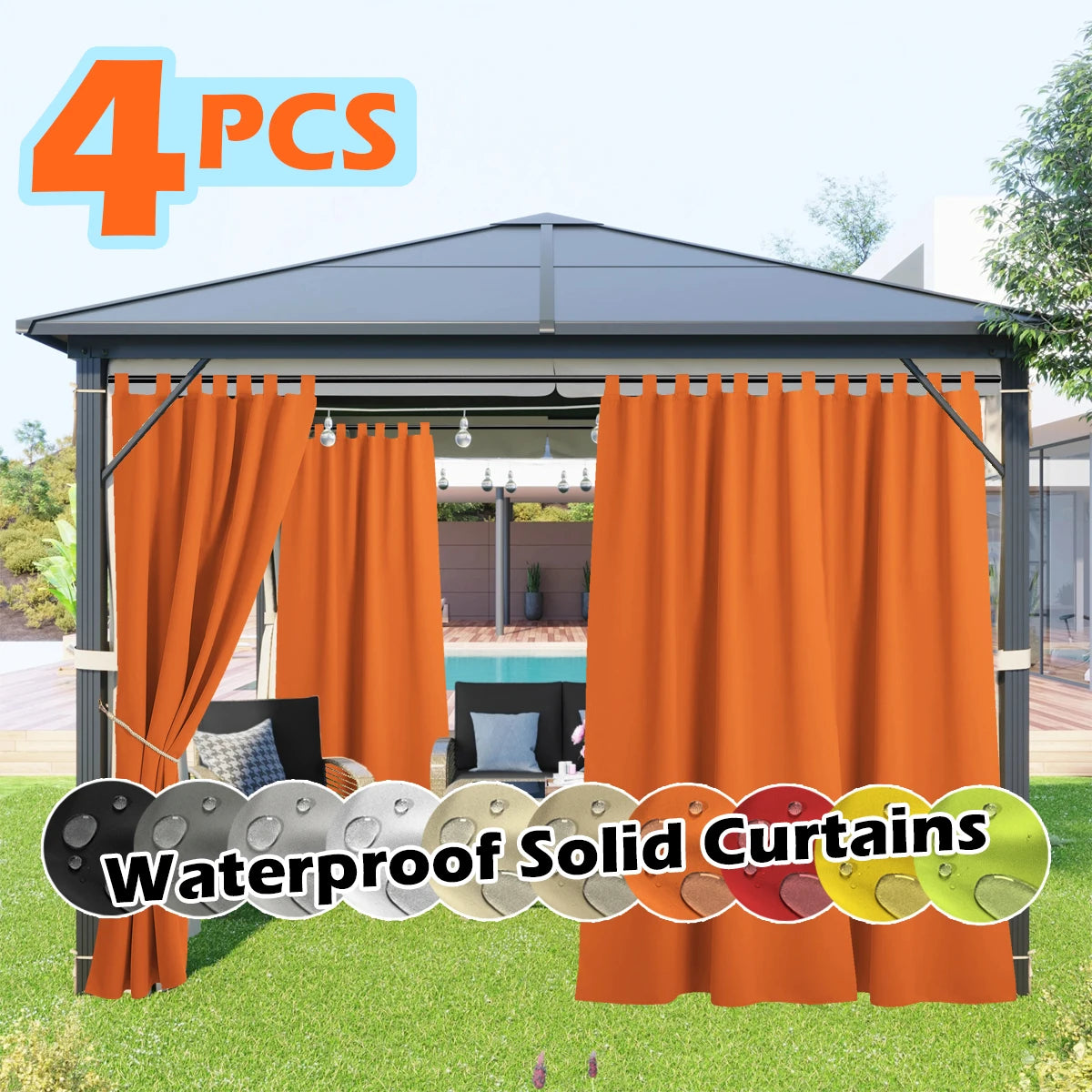4 Panels Outdoor Curtains, Waterproof & UV-Resistant Tab Top Design