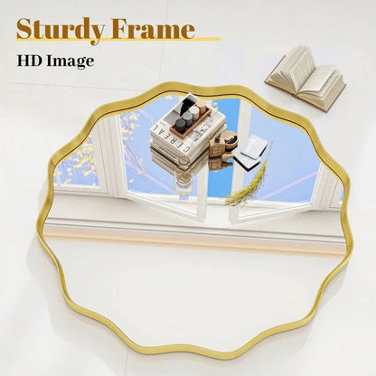 36" Wavy Round Decorative Mirror With Deep Frame Gold