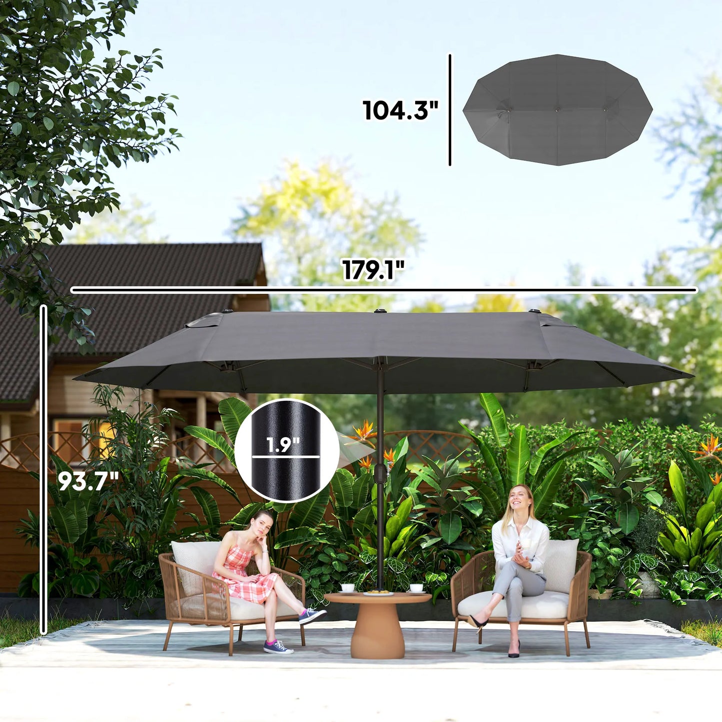 Extra Large 15' Patio Umbrella, Double-Sided Outdoor Pool Umbrella with Crank Handle, Gray