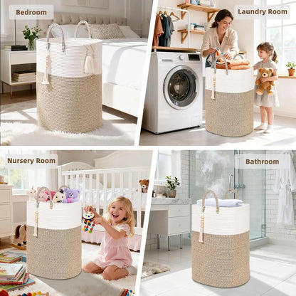 Woven Laundry Basket with Bead Tassel, Large Rectangle Hamper for Clothes, Nursery Storage