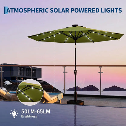 9FT Solar Patio Umbrella with 32 LED Lights - Outdoor Table Umbrella with Crank Lift, Push Button Tilt and 8 Sturdy Ribs