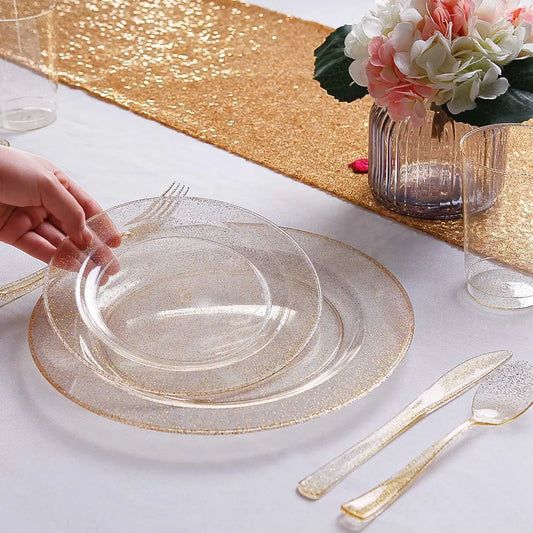 50 People Plastic Dinner Plates 7.25inch 10.25inch Gold Plastic Lace Plates
