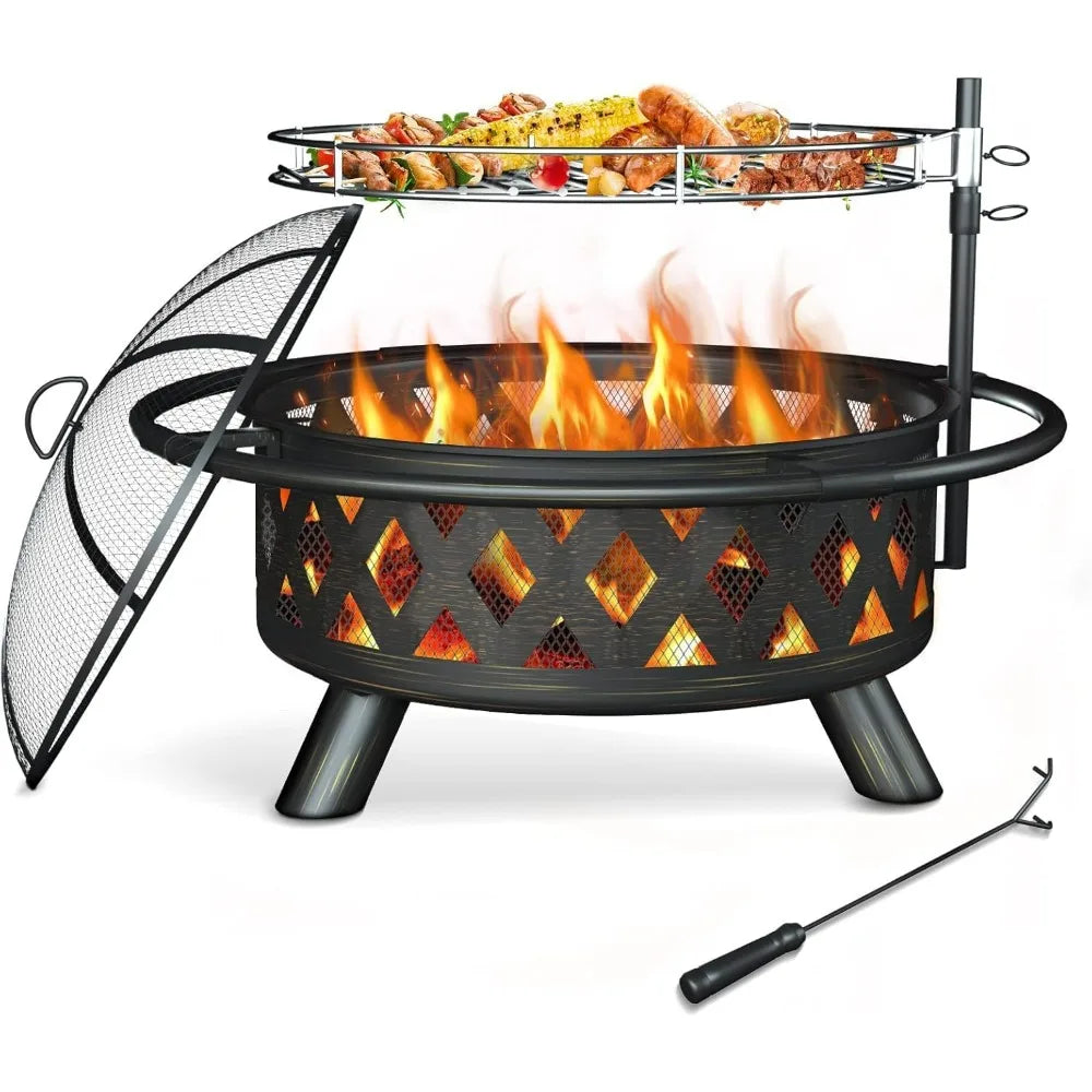 Wood Burning Fire Pit - Steel BBQ Grill Grate Spark Screen Poker Lid for Patio Backyard Camping