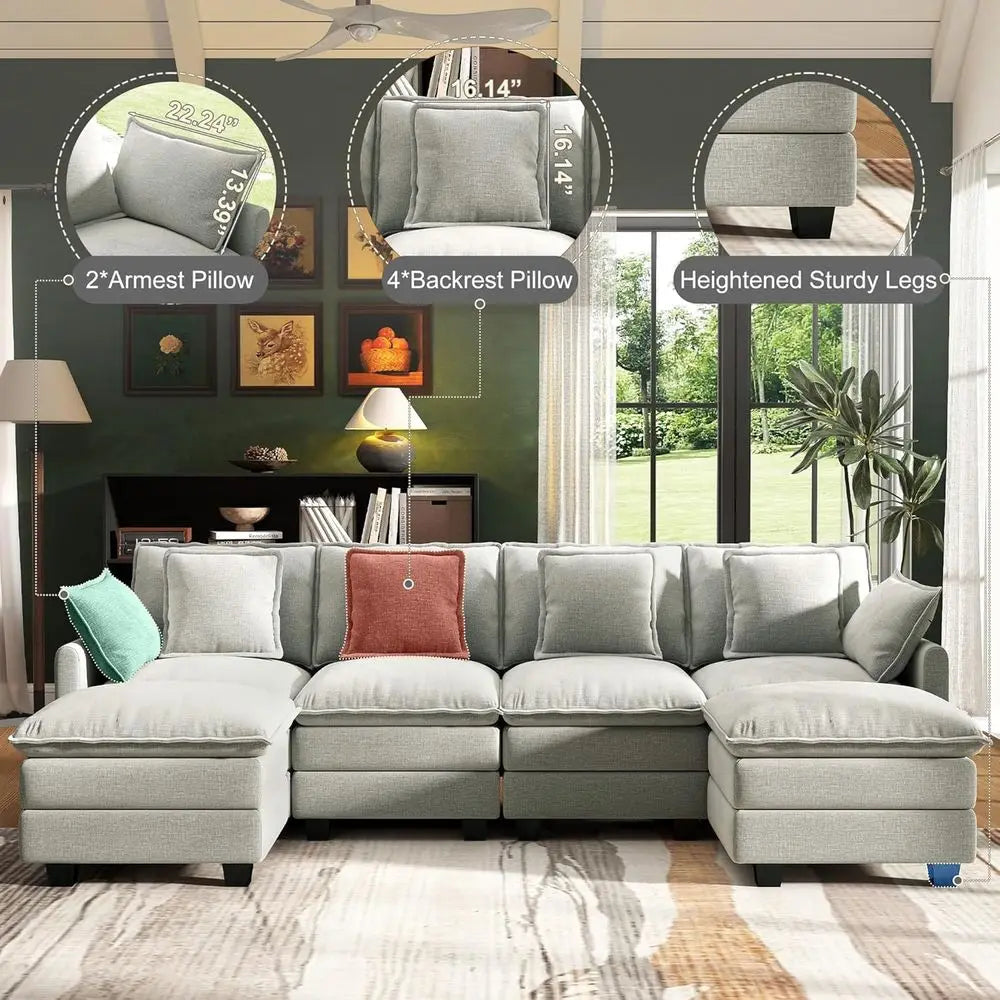 Cloud Couch Sectional Seat Deep Seat Couch with 6 Removable Washable Pillows and 2 Ottoman
