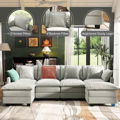 Cloud Couch Sectional Seat Deep Seat Couch with 6 Removable Washable Pillows and 2 Ottoman