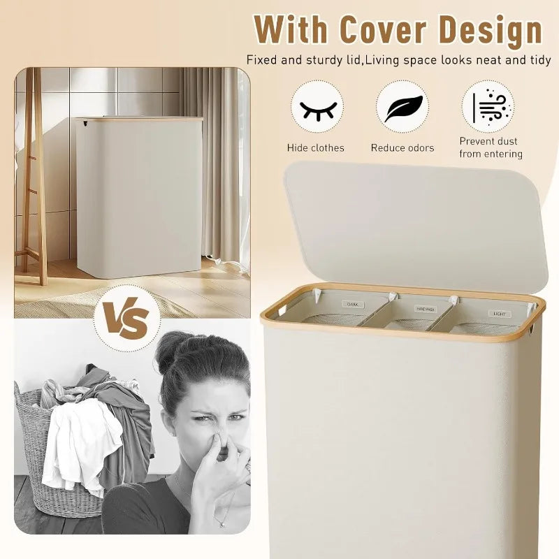 Extra Large Laundry Basket with Lid 3-Grids Inner Bags Laundry Hamper