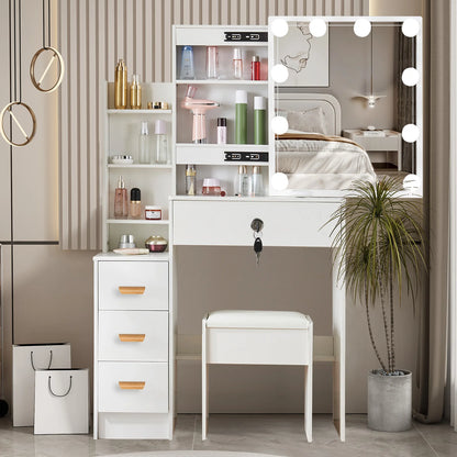 Modern White Dressing Table Stool Set with 3-Color Adjustable LED Light Mirror 4 Drawers.