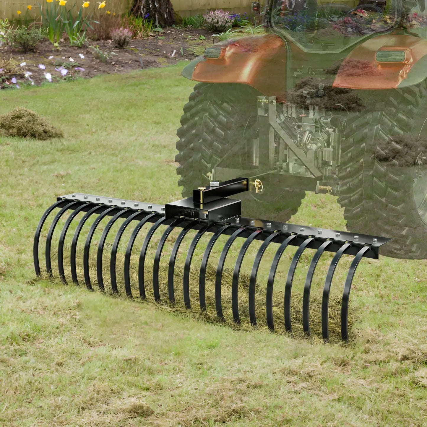 Tow Behind Landscape Rake, Tow Dethatched With 21 Steel Coil Tines, Lawn Attaches Toolbars And 3-point