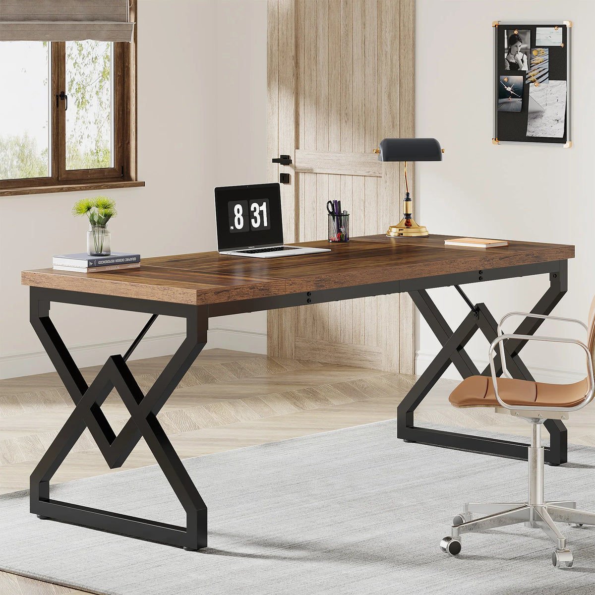 Large Industrial Executive Desk with Extra Thickened Tabletop & Metal Frame, Heavy-Duty Home Office Desk