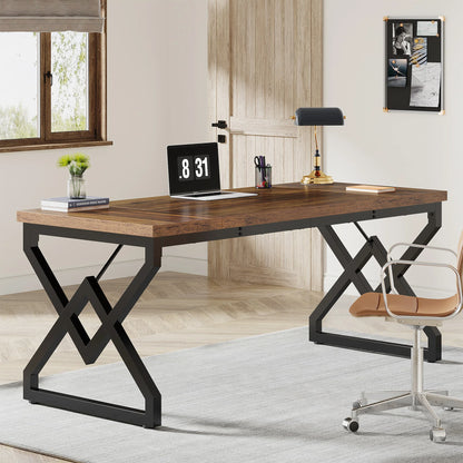 Large Industrial Executive Desk with Extra Thickened Tabletop & Metal Frame, Heavy-Duty Home Office Desk