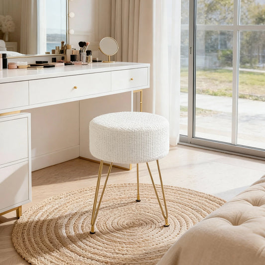 Round Ottoman Velvet Footrest Vanity Stool with 4CM Thick Cushion 350LBS Heavy-Duty Makeup Stool for Home