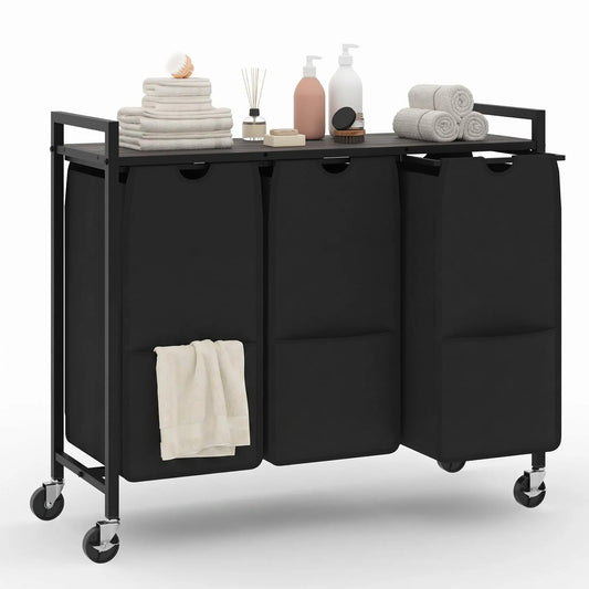 Rolling Laundry Hamper with Shelf 3 Section Laundry Sorter with Removable Bags Wheels Heavy Duty
