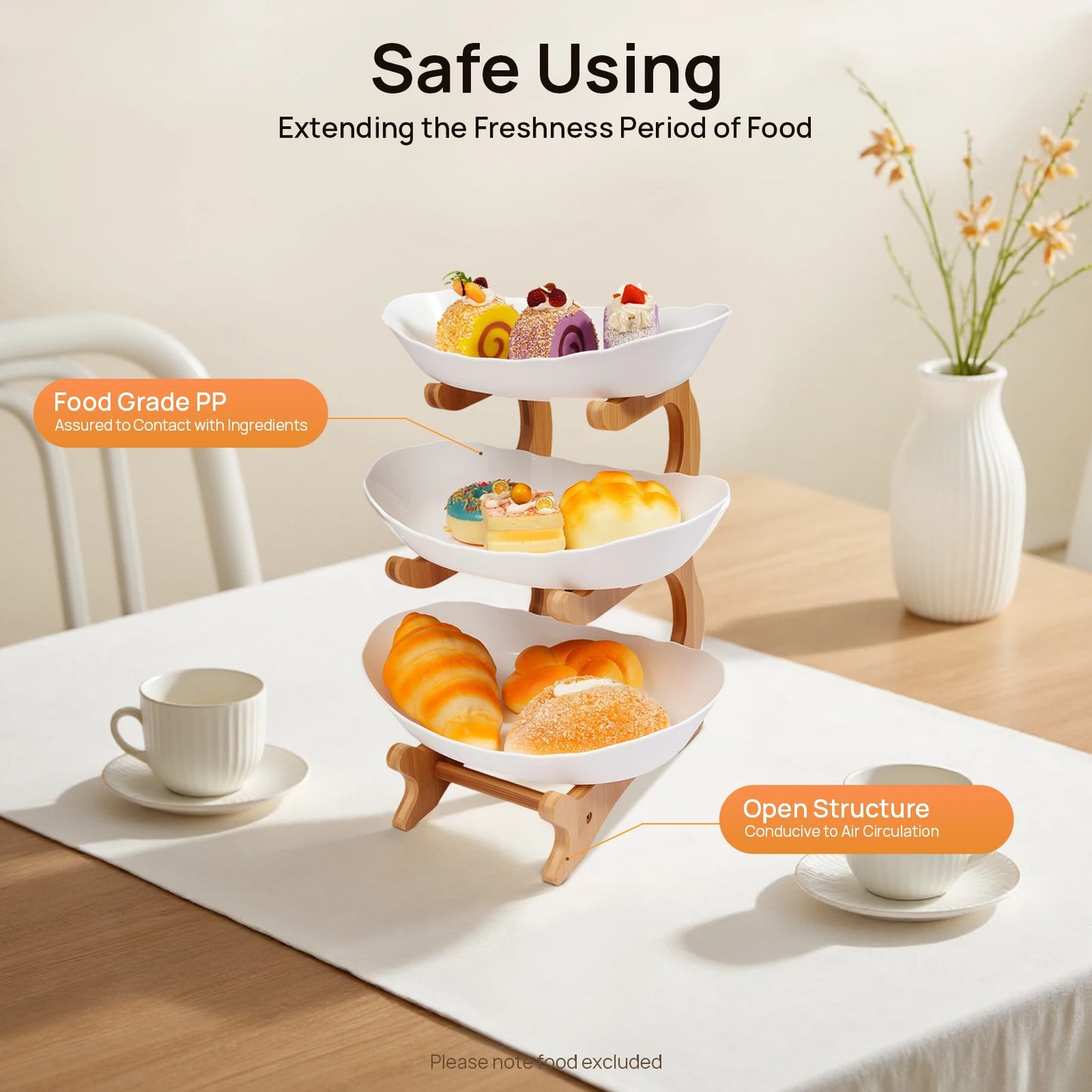 3-Tier Fruit Plate, Snack Dessert Cake for Party Wedding, Bowl W/ Bamboo Wood Stand