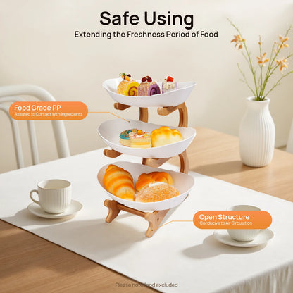 3-Tier Fruit Plate, Snack Dessert Cake for Party Wedding, Bowl W/ Bamboo Wood Stand
