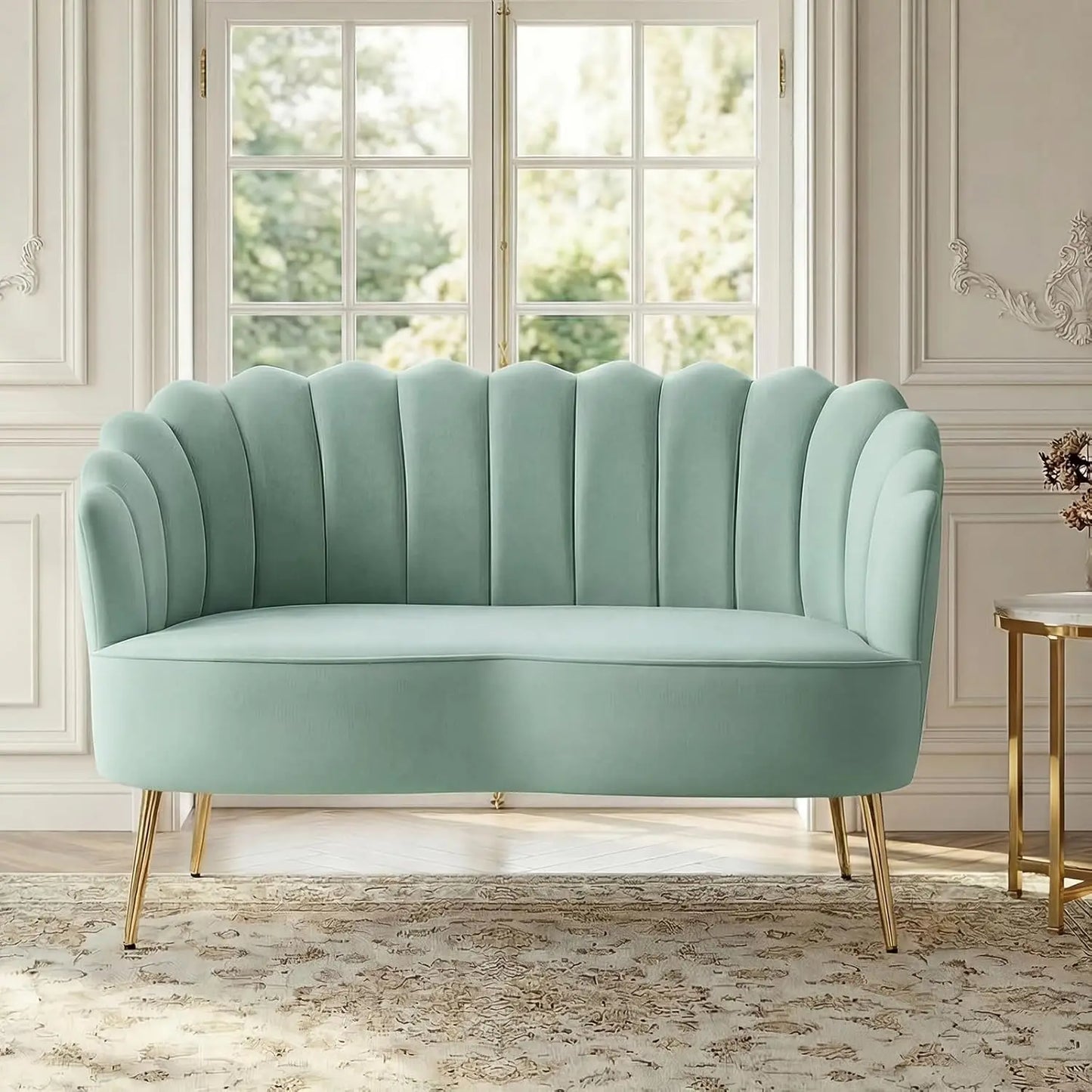 Velvet Loveseat Gold Metal Legs Modern Flower Back 2-Seater