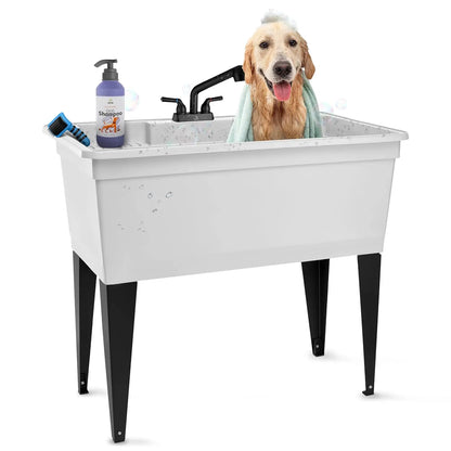Freestanding Double-Wide Utility Sink with Steel Legs & Black Pull-Out Faucet, Multi-Purpose Heavy-Duty