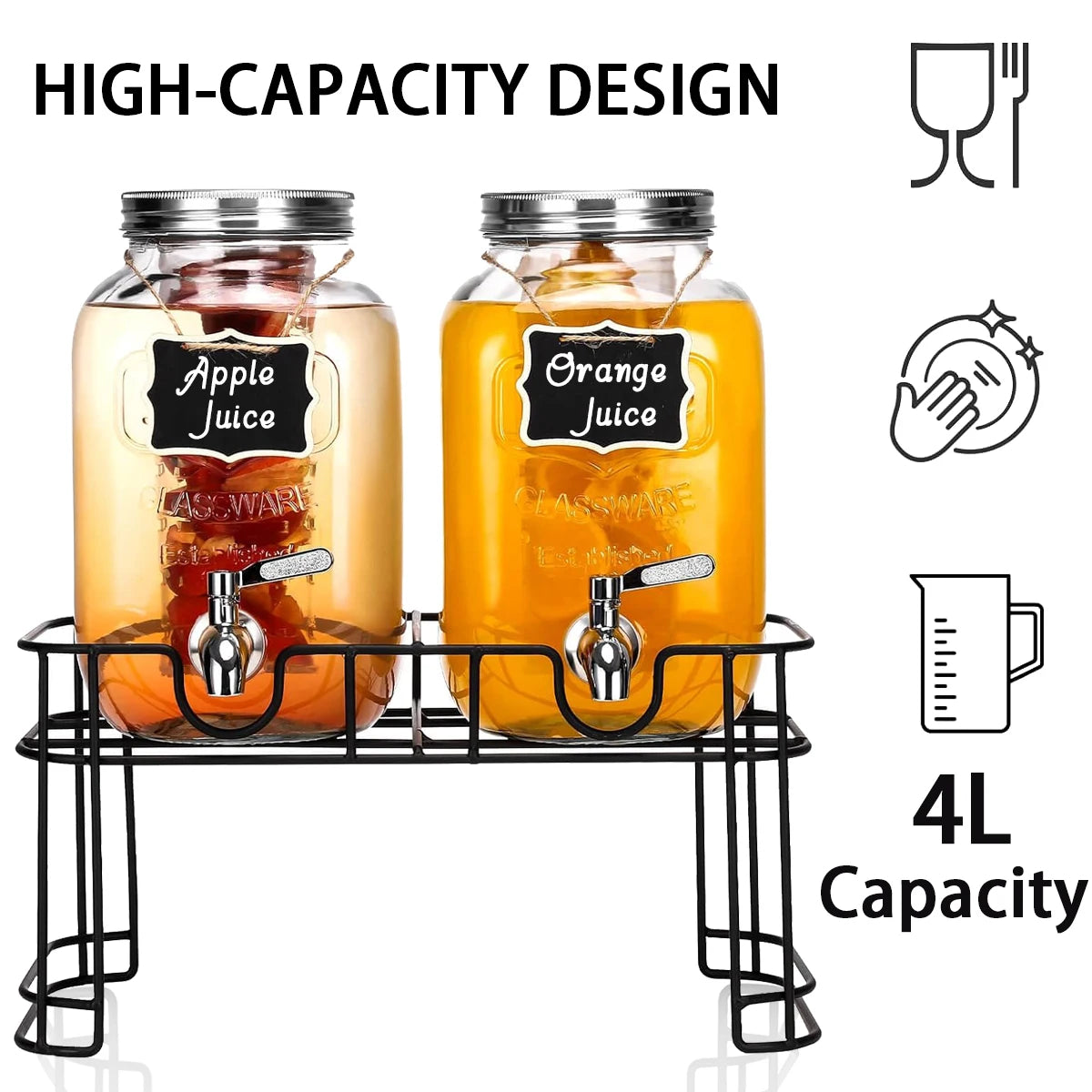 Drink Dispenser 2 Packs 1 Gallon Glass with Stand and Stainless-Steel Faucet Party
