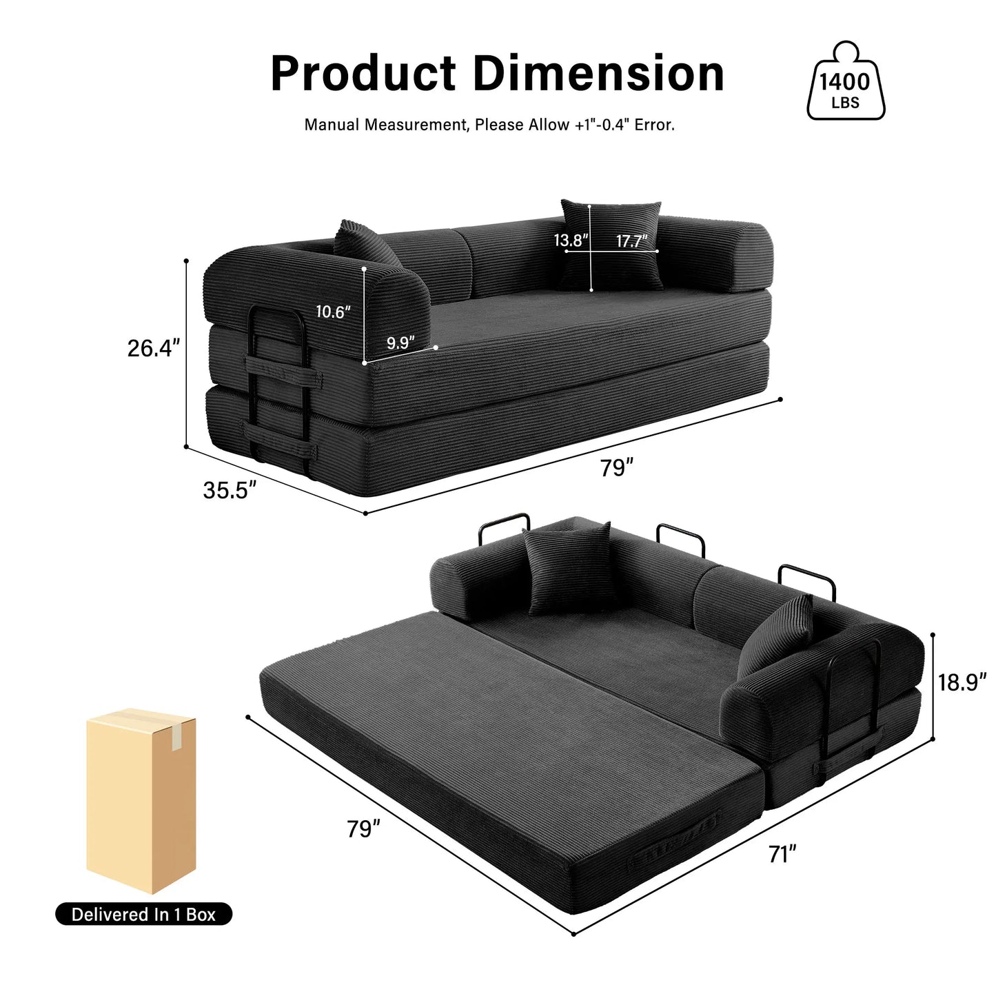 Couch Foldable Convertible Futon Sleeper Sofa Bed Floor Lounge with L-Shaped Armrests