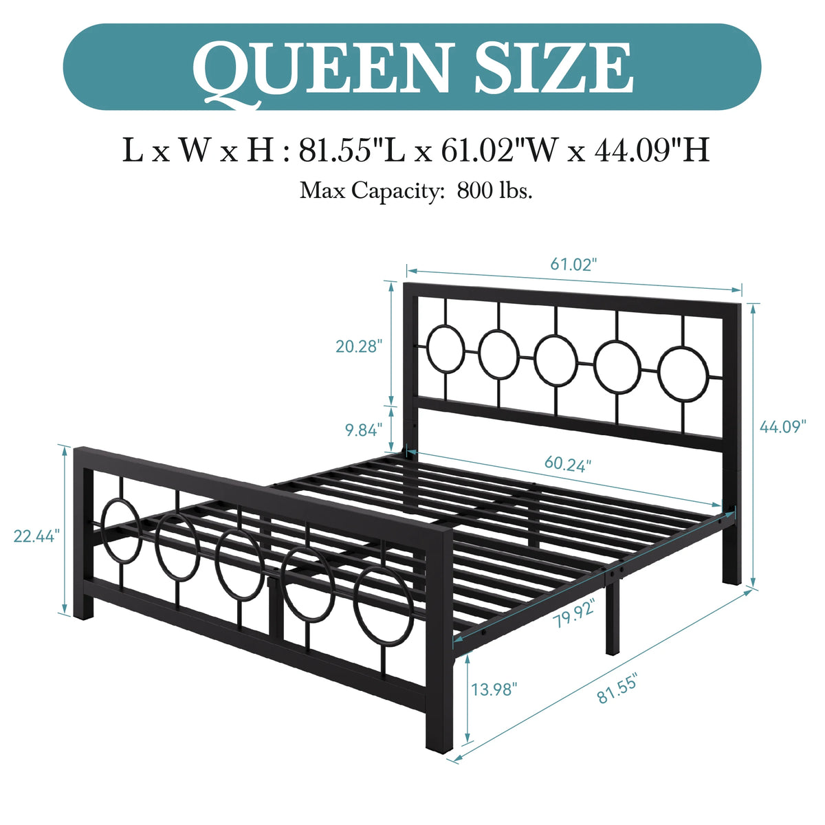 Metal Platform Bed Frame with Vintage Circular Design Headboard and Footboard,