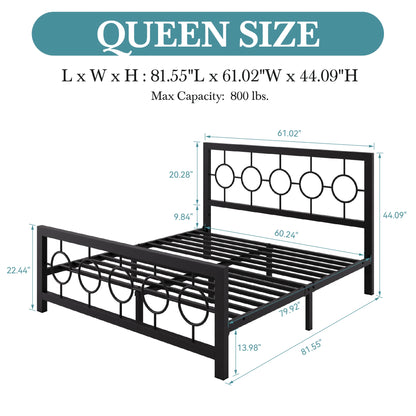 Metal Platform Bed Frame with Vintage Circular Design Headboard and Footboard,