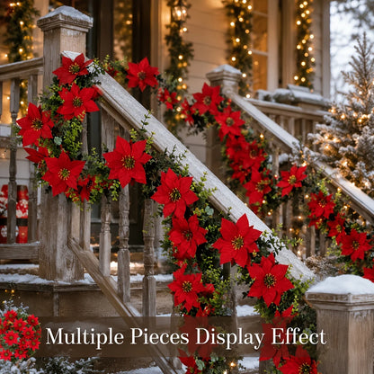 2Pcs Artificial Christmas Garland Red Poinsettia Eucalyptus Faux Flower