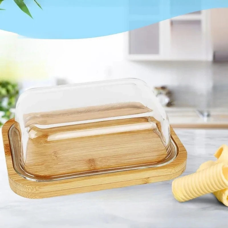 bamboo butter dish with lid for countertop and refrigerator door shelf