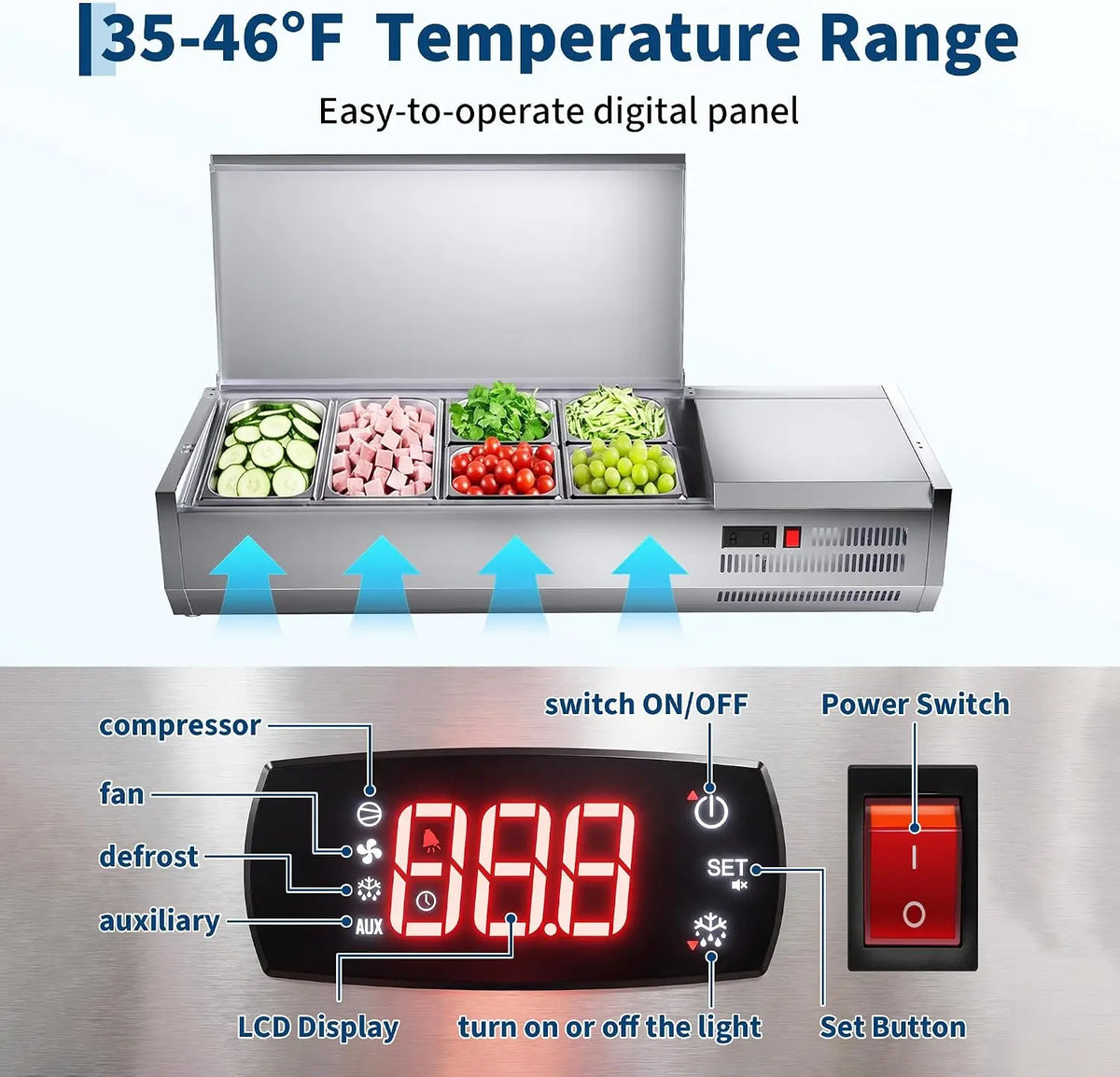 45” Commercial Refrigerated Condiment Prep Station Refrigerator 135W Countertop Refrigerated Salad Bar