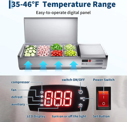 45” Commercial Refrigerated Condiment Prep Station Refrigerator 135W Countertop Refrigerated Salad Bar