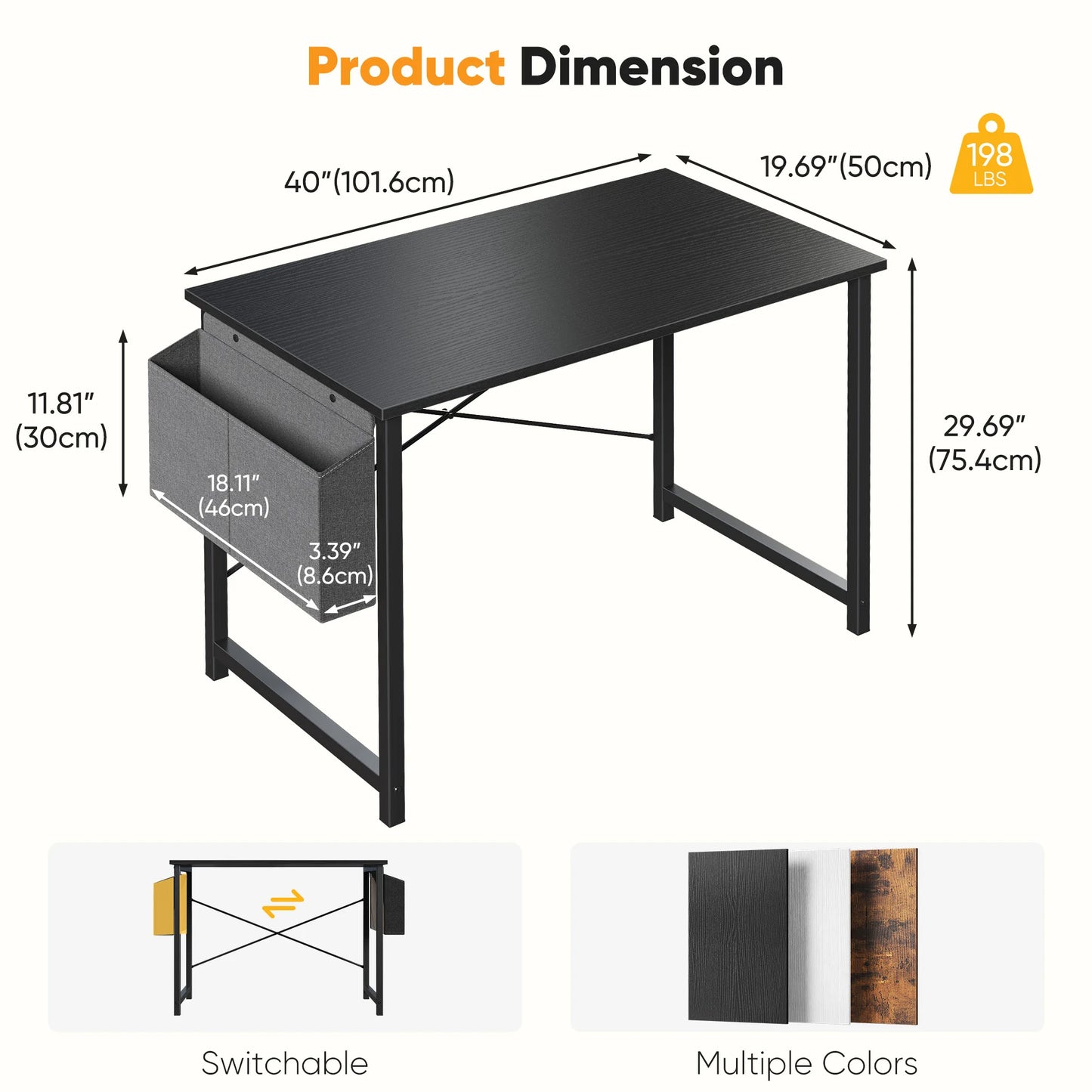 Computer Office Desk Writing Study Gaming Table with Storage Bag Metal Frame Wood Tabletop Easy Assembly