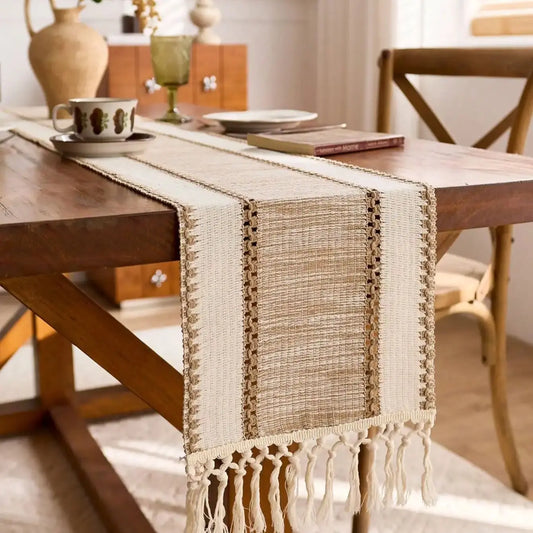 khaki Macrame- Farmhouse Table Runner Design Durable Fabric