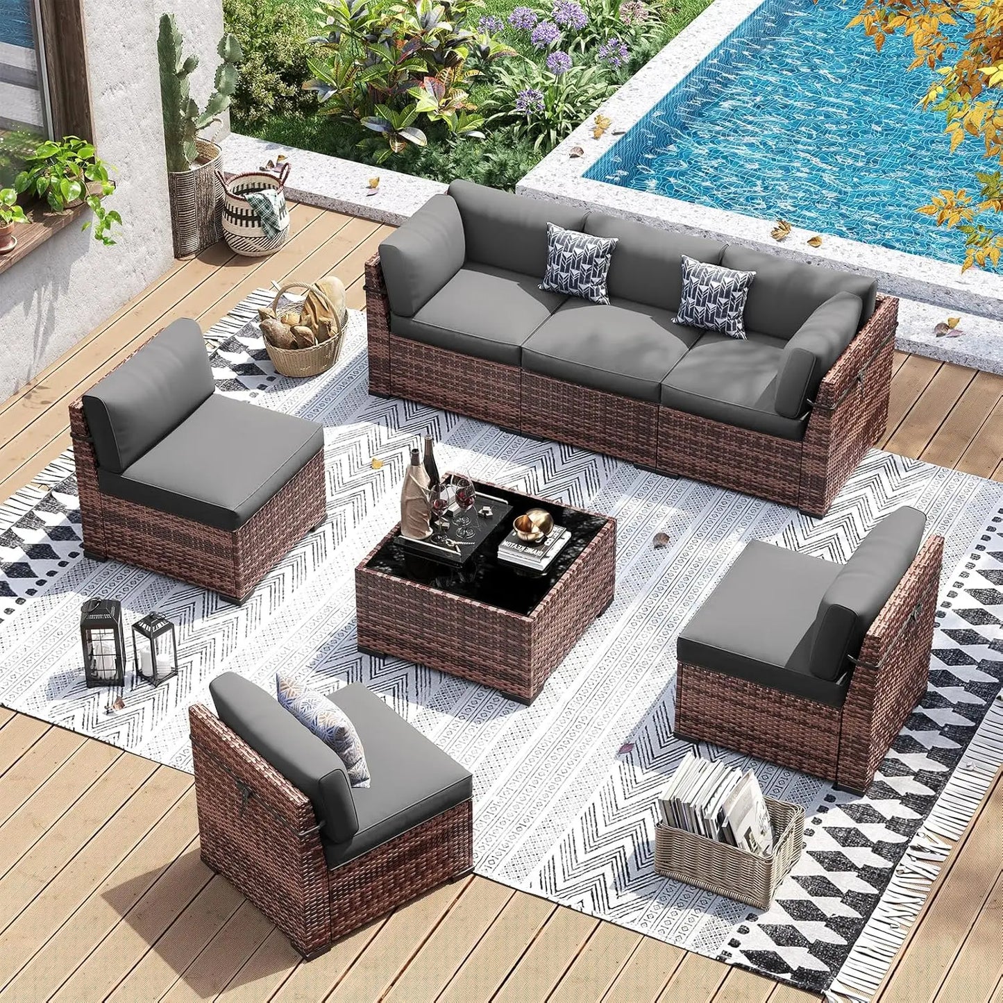 7 Pieces PE Wicker Sectional Sofa with Tea Table, Outdoor Conversation Set for Patio