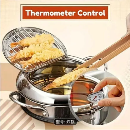 Deep Fryer Pot Stainless Steel with Built-in Thermometer & Oil Drip Rack, Non-Stick, Safe for Gas & Induction Cookers
