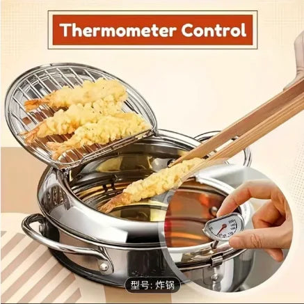 Deep Fryer Pot Stainless Steel with Built-in Thermometer & Oil Drip Rack, Non-Stick, Safe for Gas & Induction Cookers