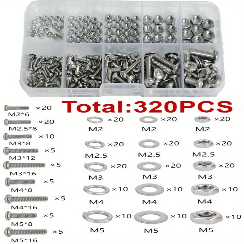 Hex Nuts and Bolt Set - 320 pieces/120 pieces, durable M2 - M5 metric size, universal hardware kit