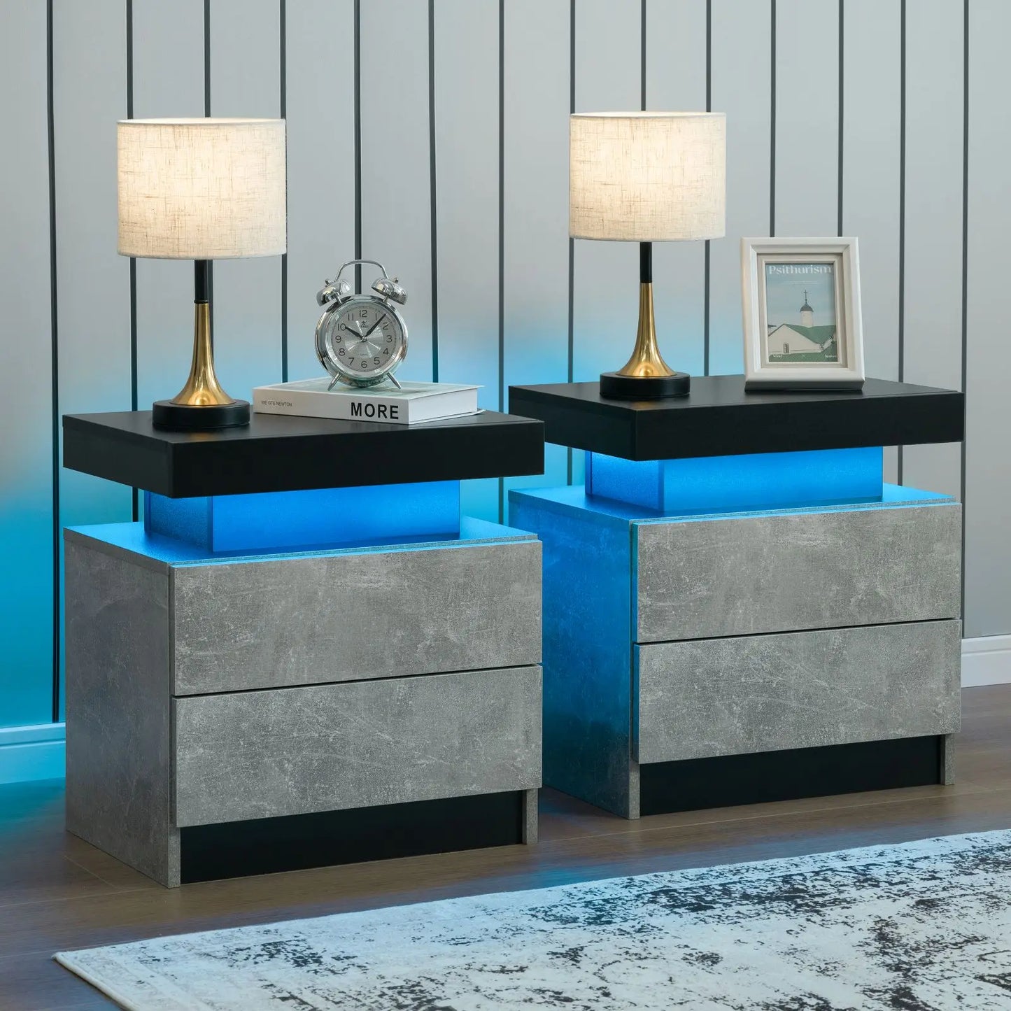 Set of 2 LED Nightstand with 2 Drawers, with LED Lights