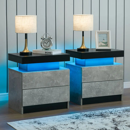 Set of 2 LED Nightstand with 2 Drawers, with LED Lights