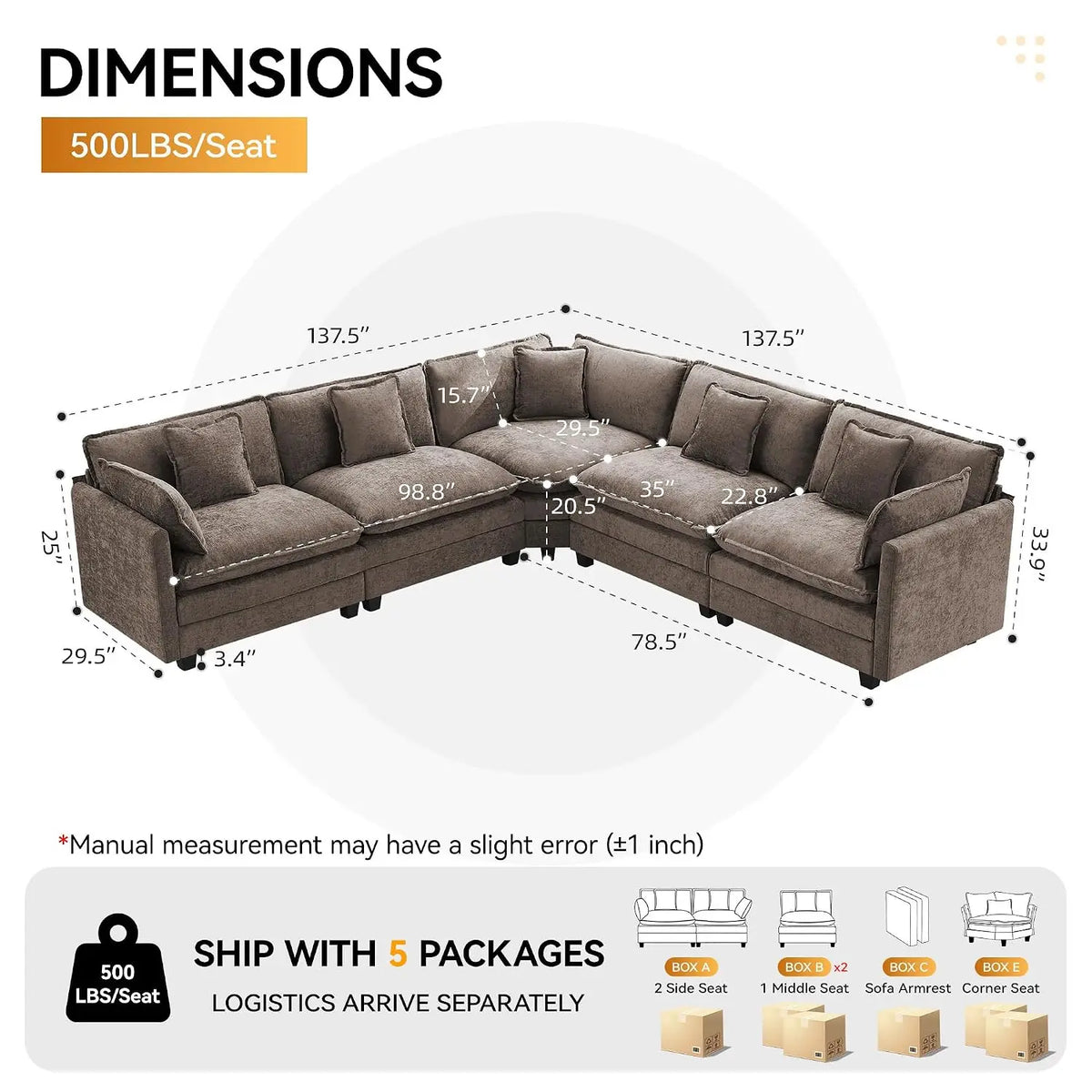 V Shaped Cloud Sectional Sofa, Oversized Deep Seat Couches for Living Room, Comfy Upholstered