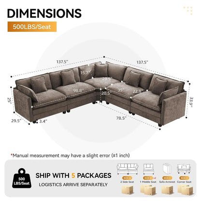 V Shaped Cloud Sectional Sofa, Oversized Deep Seat Couches for Living Room, Comfy Upholstered