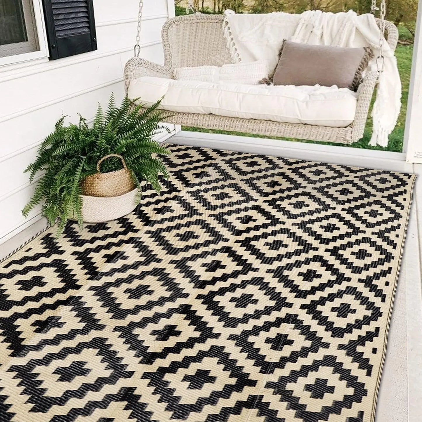 Waterproof Outdoor Rug 5x8 ft, Reversible Plastic Mat for Patio, Backyard, Beach, Camping in Black & Beige