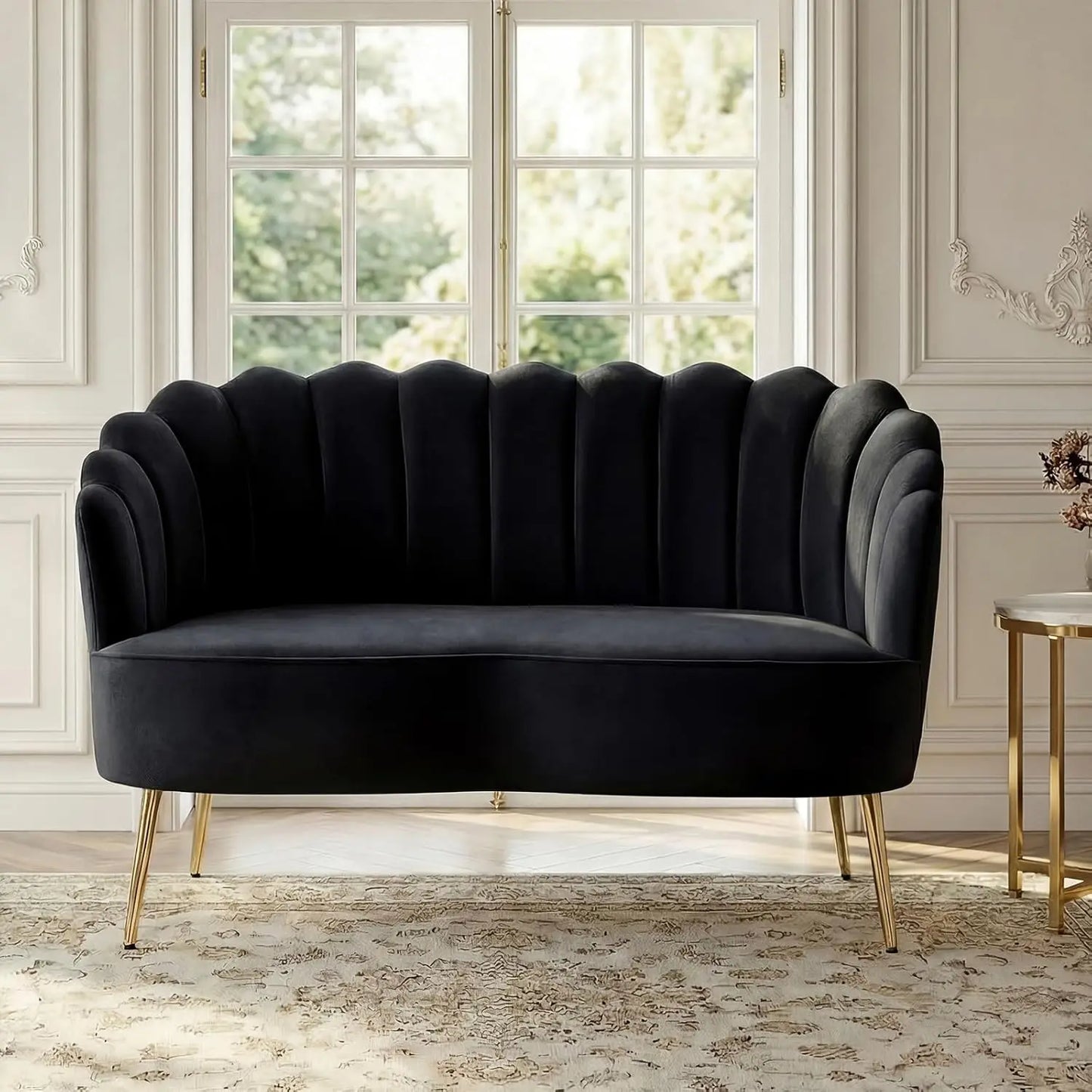 Velvet Loveseat Gold Metal Legs Modern Flower Back 2-Seater