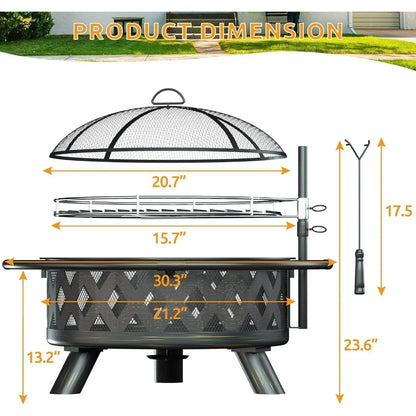 Wood Burning Fire Pit - Steel BBQ Grill Grate Spark Screen Poker Lid for Patio Backyard Camping