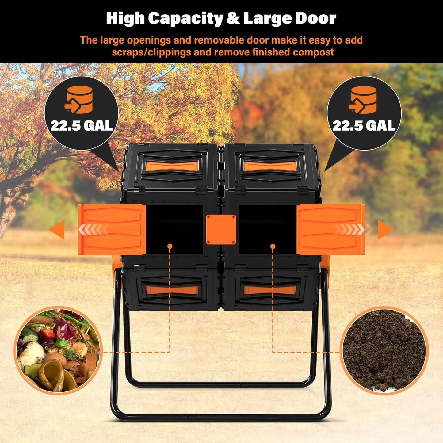 45 Gallon Dual Chamber Compost Tumbler, Easy Assemble Outdoor Bin for Garden and Kitchen Waste