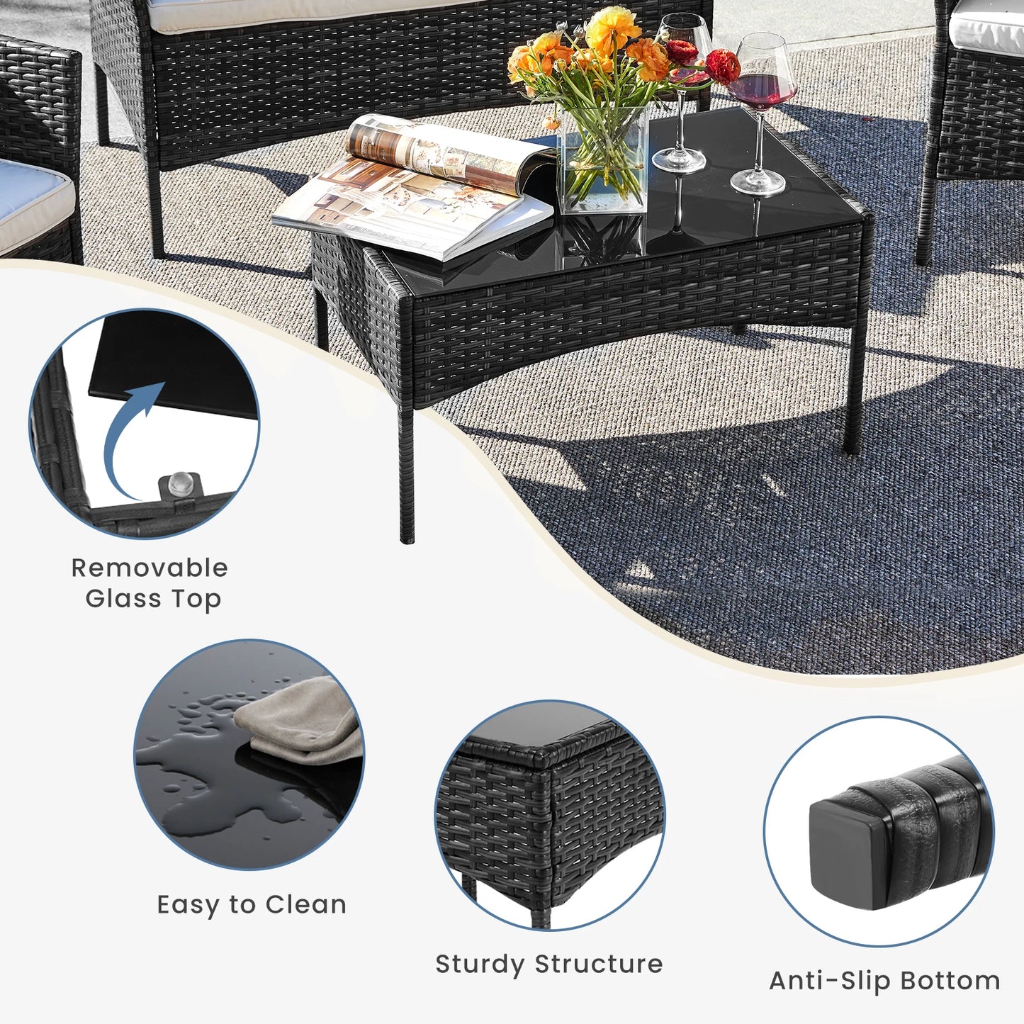 4 Piece Outdoor Patio Furniture Set with Soft Cushion and Glass Table Manual Weaving Wicker chairs