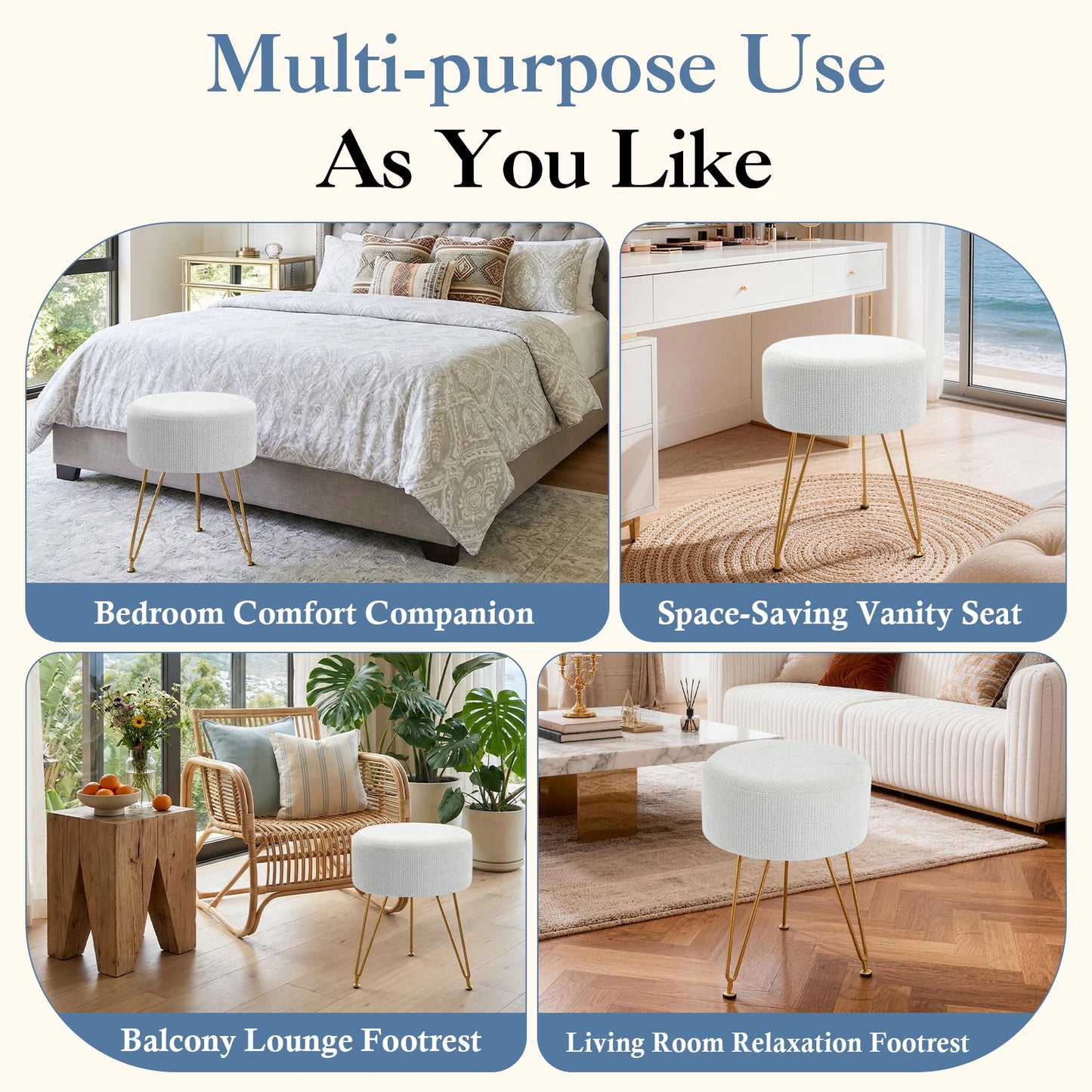 Round Ottoman Velvet Footrest Vanity Stool with 4CM Thick Cushion 350LBS Heavy-Duty Makeup Stool for Home