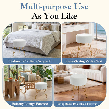 Round Ottoman Velvet Footrest Vanity Stool with 4CM Thick Cushion 350LBS Heavy-Duty Makeup Stool for Home