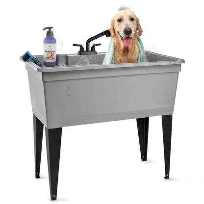 Freestanding Double-Wide Utility Sink with Steel Legs & Black Pull-Out Faucet, Multi-Purpose Heavy-Duty