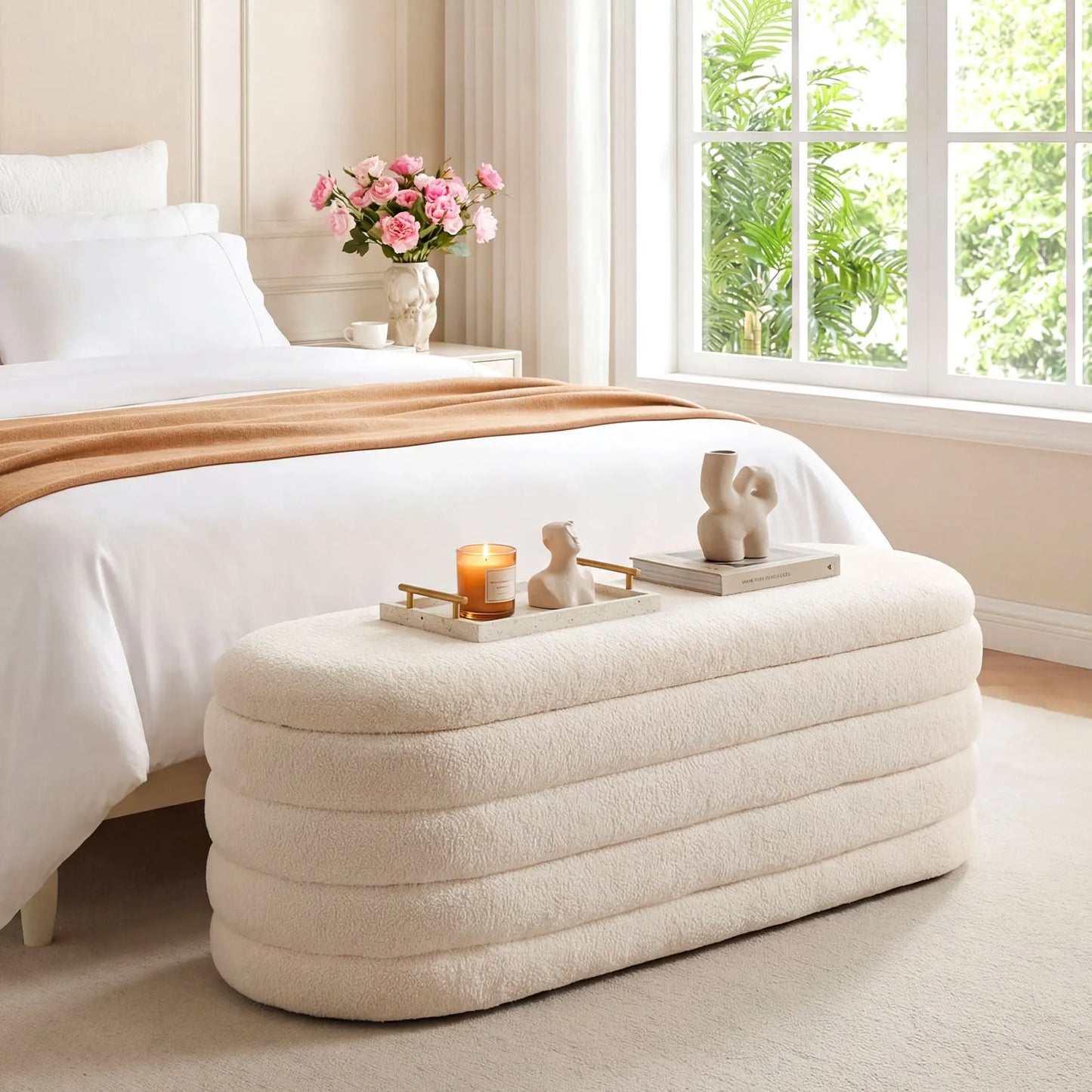 Upholstered Fabric Storage Ottoman Bedroom Bench,