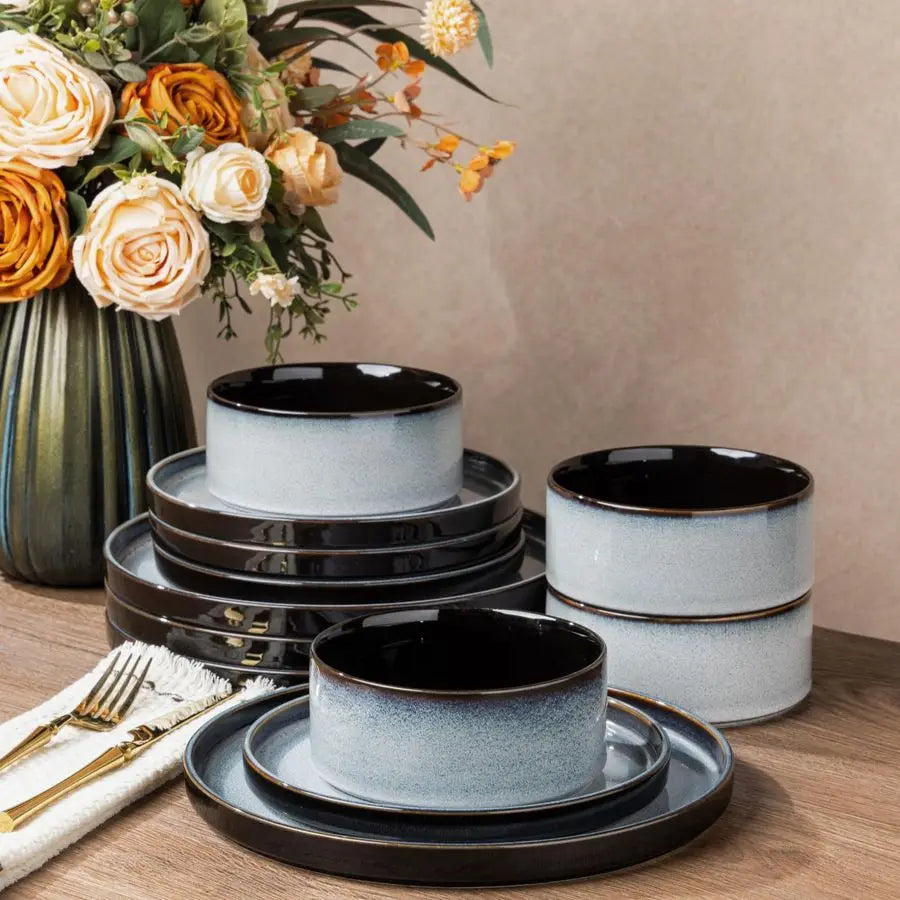 Ceramic Dinnerware Sets for 4, Round Reactive Glaze Ceramic Dishwasher and Microwave