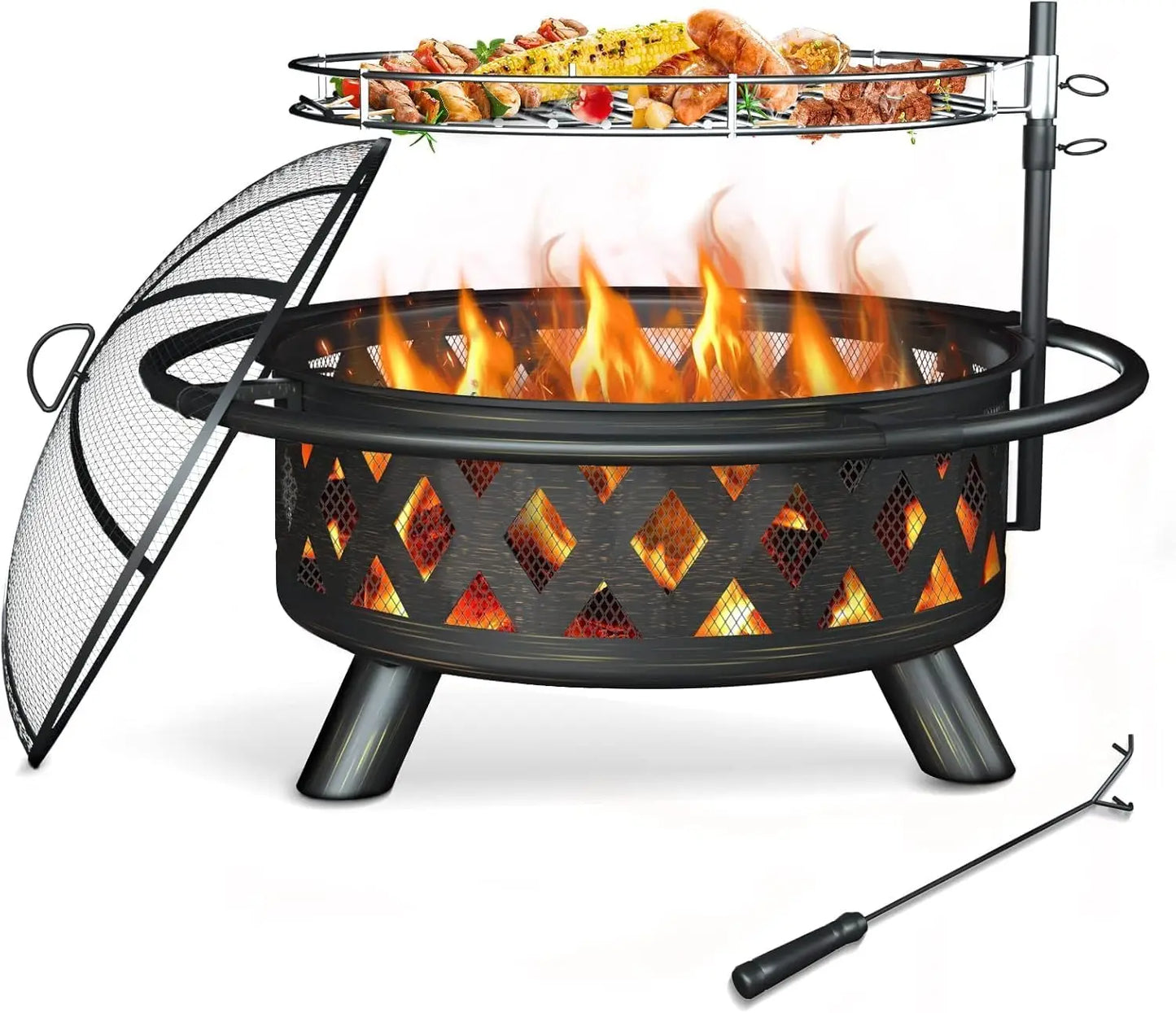 Wood Burning Fire Pit - Steel BBQ Grill Grate Spark Screen Poker Lid for Patio Backyard Camping