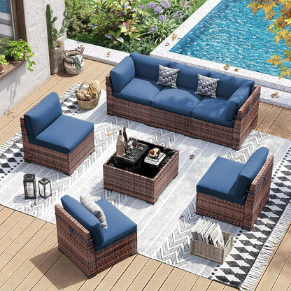 7 Pieces PE Wicker Sectional Sofa with Tea Table, Outdoor Conversation Set for Patio